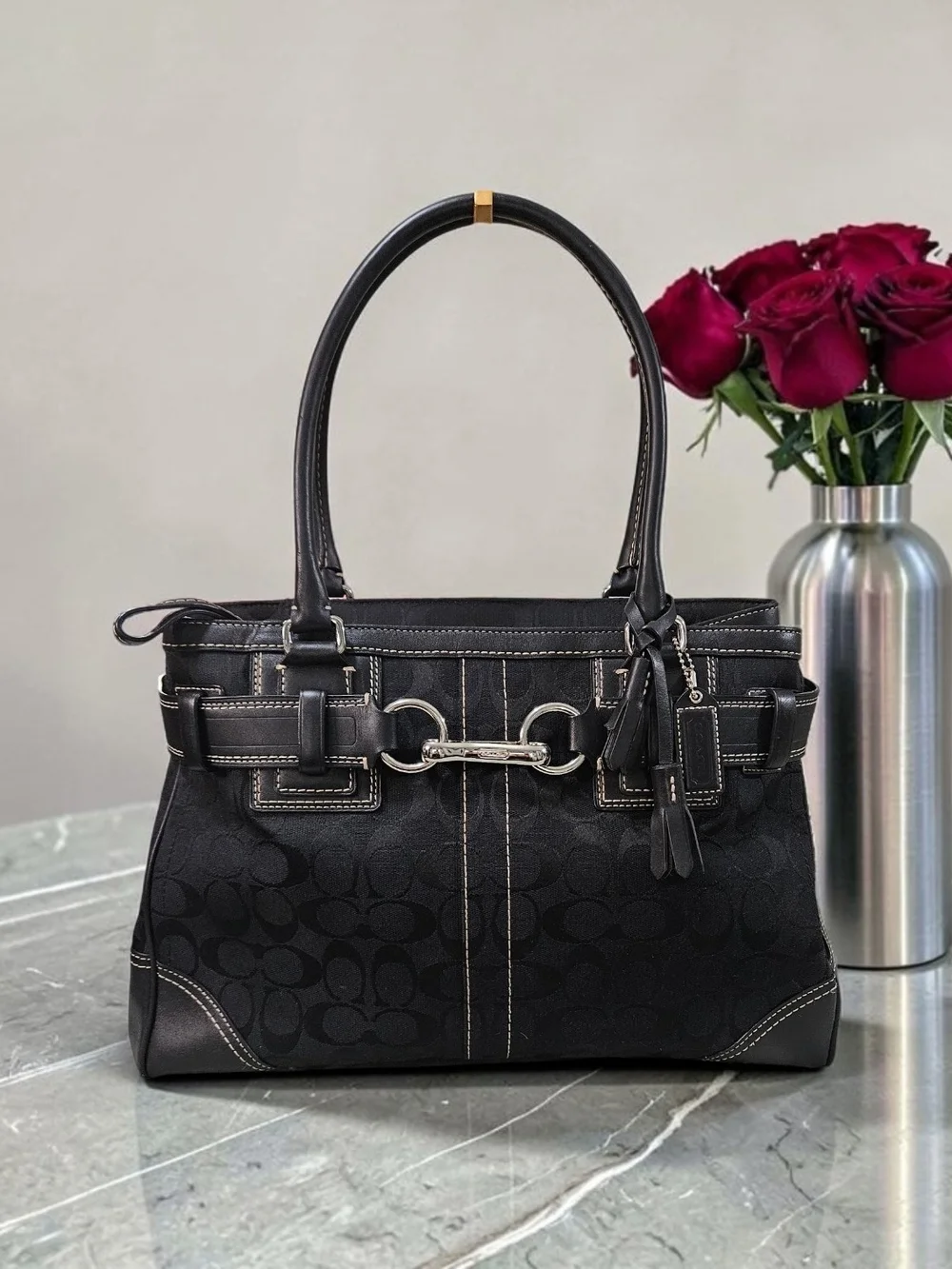 Coach Hampton Vintage 2006 Black Signature Canvas Tote with Silver Hardware